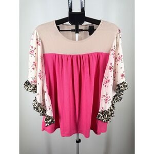 Celeste Mixed Media Waffle Knit Top Pink Floral Leopard Ruffle Sleeve M